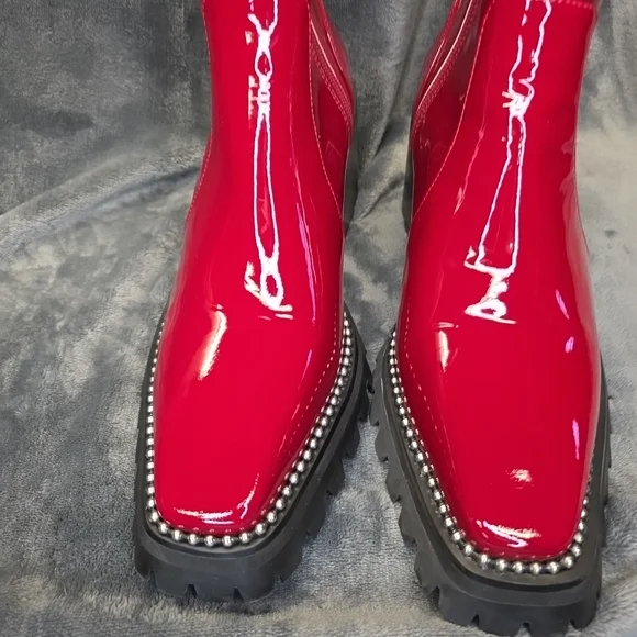 Lattelier Womens Shiny Ruby Red Leather Rhinestone Silver Boots. 38 (10 Usa) - Picture 5 of 13